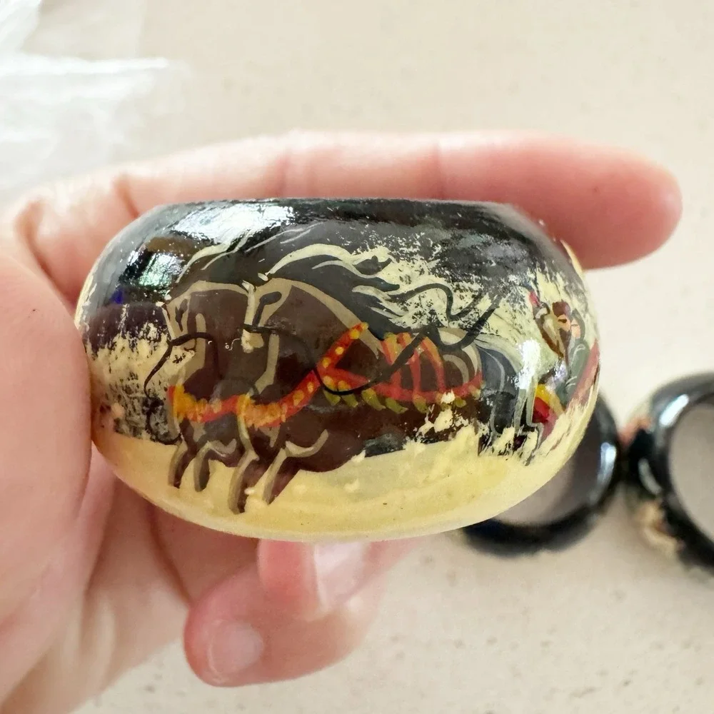 6 Vintage Handpainted Russian Napkin Holders Winter Scene Holiday Christmas